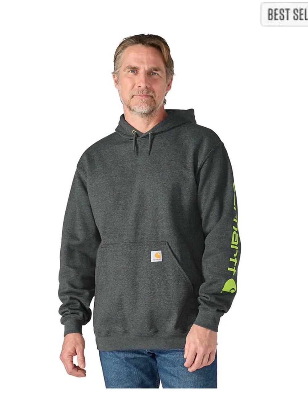 Carhartt K288 Hoodie Mens Large Carbon Heather Gray Logo Sleeve Sweatshirt EUC